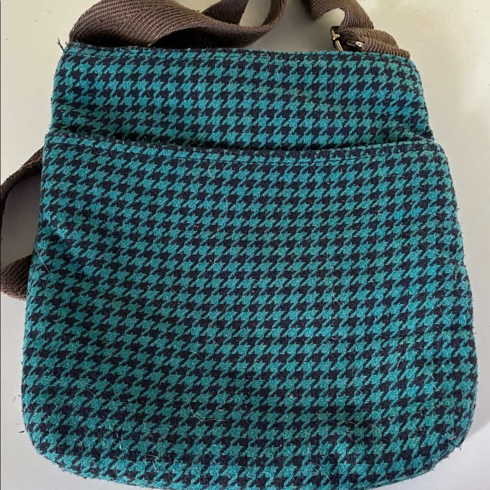 Thirty-One Teal/Brown Houndstooth Poly/Wool Blend Crossbody Bag